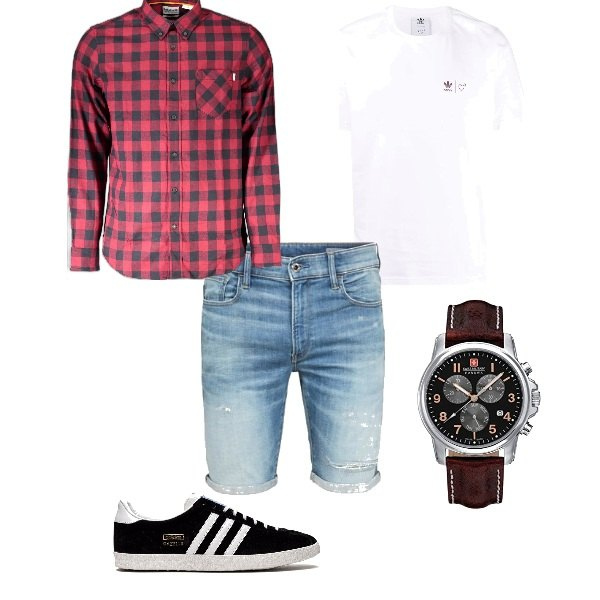 Outfit uomo - Serata fra amici. per Tutti i giorni. Abbinamento con pantaloni corti, t-shirt, sneakers, camicie, orologi.