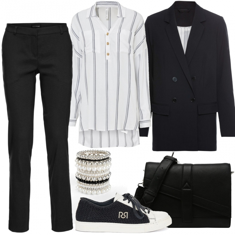 Outfit donna - In tailleur, ma trendy. Stile Trendy per Ufficio. Abbinamento con pantaloni, braccialetti, camicie, blazer, sneakers alte, borse a tracolla.