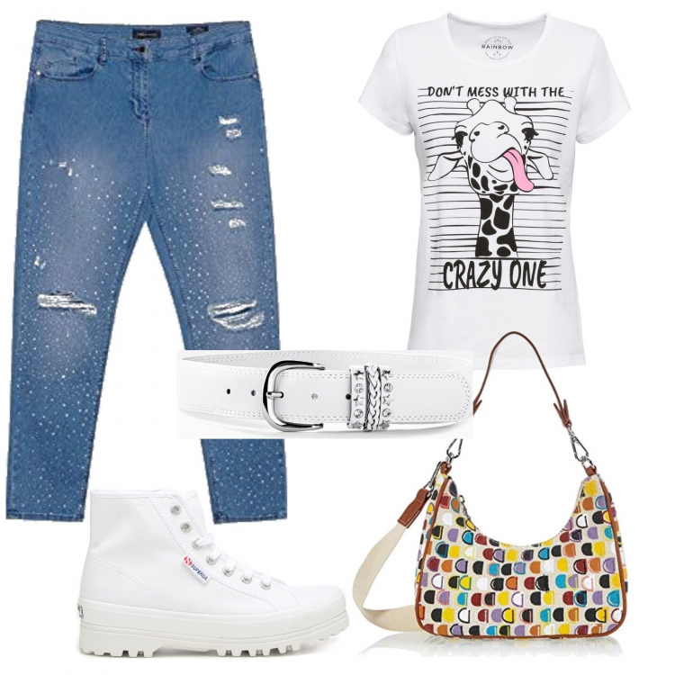 Outfit donna - I jeans strappati. Stile Casual per Tutti i giorni. Abbinamento con cinture, t-shirt, sneakers, jeans strappati, borse a spalla.