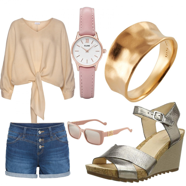 Outfit donna - Bon Ton #14486. Stile Bon Ton per Tutti i giorni. look ideale per Petite. Abbinamento con shorts, camicie, sandali gioiello, anelli, orologi digitali, occhiali da sole.