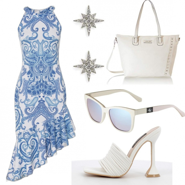 Outfit donna - Una festa d\'estate. Stile Boho per Cerimonia. Abbinamento con vestiti lunghi, sandali in pelle, orecchini, borse a mano, occhiali da sole.