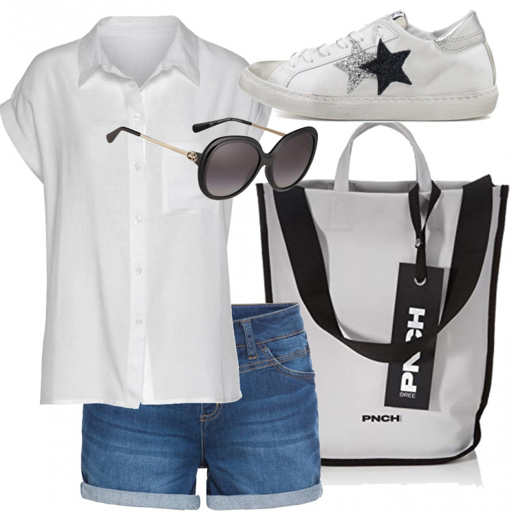 Outfit donna - Sportiva in camicia. Stile Casual per Tutti i giorni. look ideale per Petite. Abbinamento con shorts, sneakers, camicie a manica corta, borse tote, occhiali da sole.