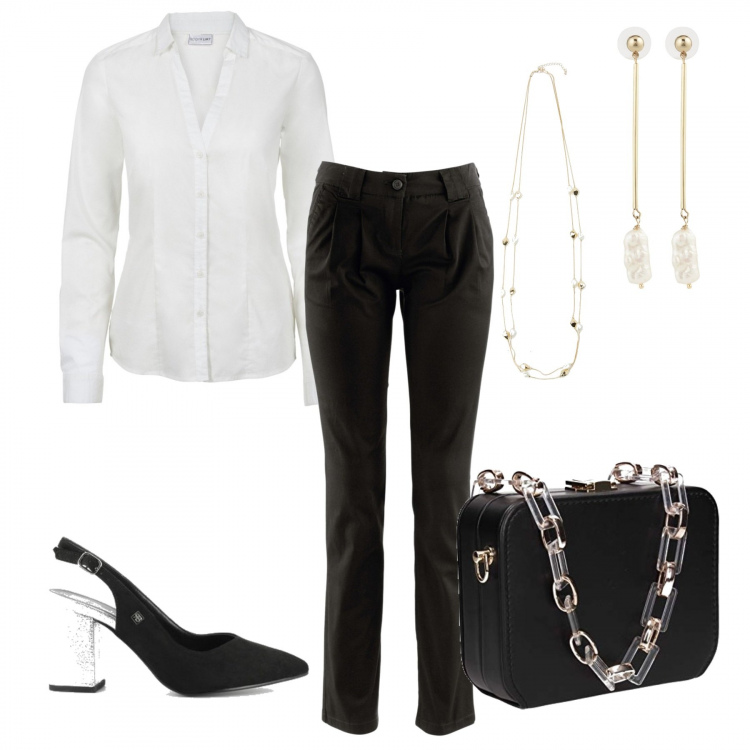 Outfit donna - #Curvy Back to office. Stile Basic per Ufficio. Abbinamento con camicie, pantaloni chino, décolleté, collane, pochette, orecchini.