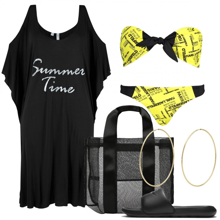 Outfit donna - Nero e giallo per il mare. Stile Casual per Mare. Abbinamento con vestiti da spiaggia, costumi, shopping bag, ciabatte, costumi, orecchini.