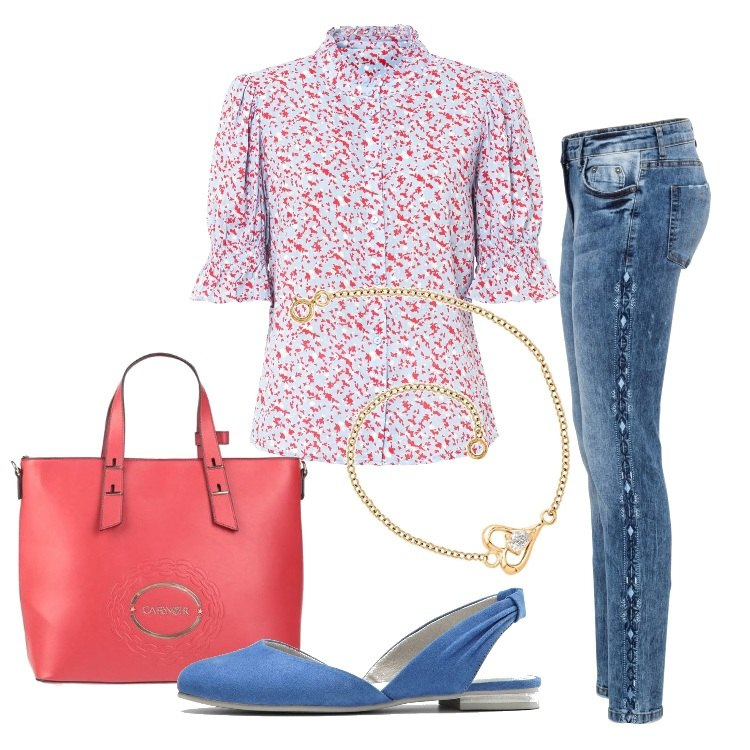 Outfit donna - Semplice in jeans. Stile Casual per Tutti i giorni. Abbinamento con jeans skinny, ballerine, camicie, borse a mano, braccialetti.