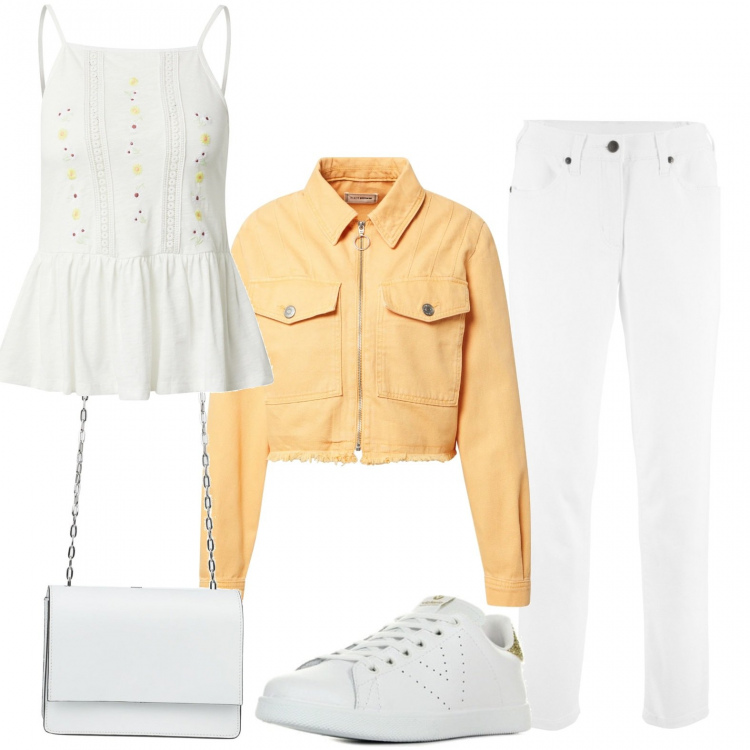 Outfit donna - Domenica estiva. Stile Trendy per Tutti i giorni. Abbinamento con borse a spalla, pantaloni, sneakers, camicie, giacche.
