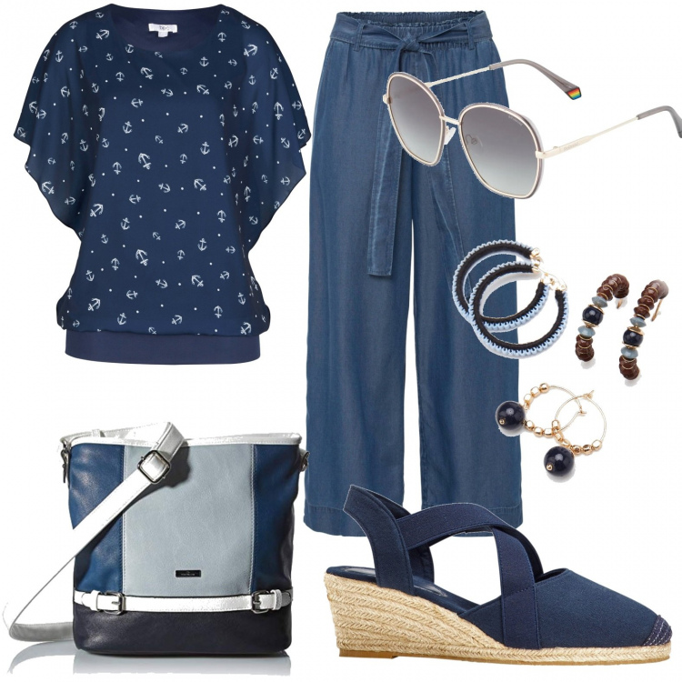 Outfit donna - Weekend fuori città. Stile Casual per Tutti i giorni. Abbinamento con bluse, sandali col tacco, pantaloni culotte, orecchini, occhiali da sole, borse a spalla.