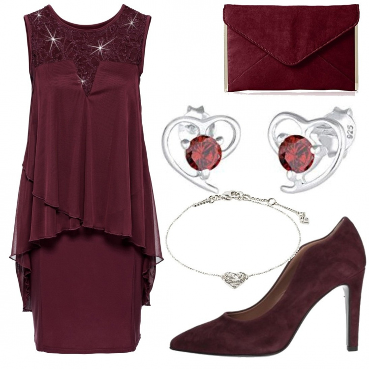 Outfit donna - Invitata a nozze curvy. Stile Chic per Cerimonia. Abbinamento con vestiti, décolleté, braccialetti, pochette, orecchini.
