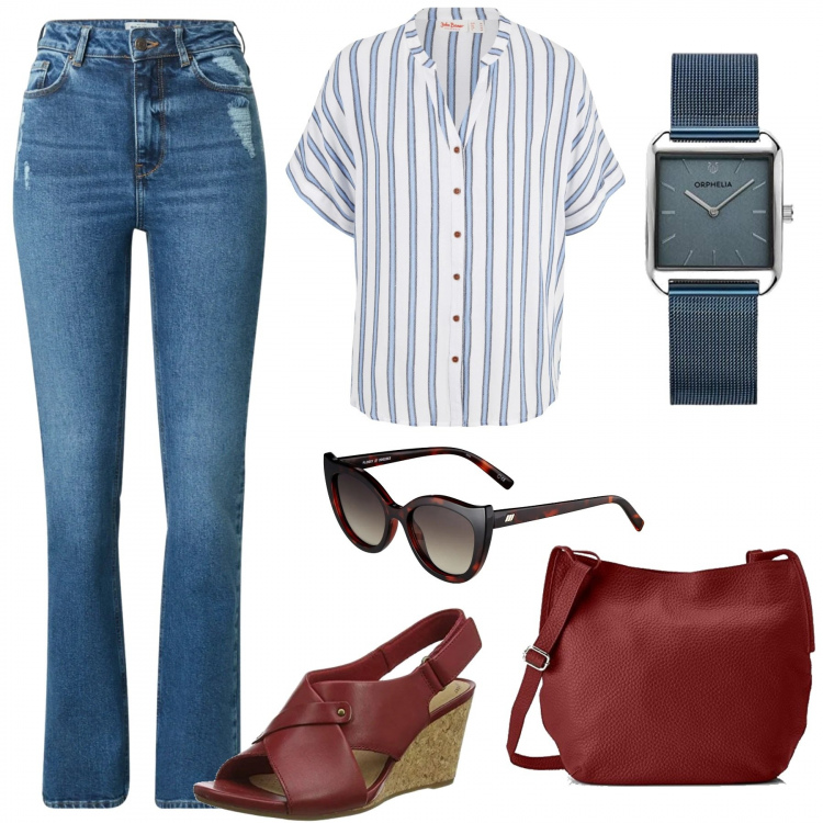 Outfit donna - Jeans e camicia - Curvy. Stile Casual per Tutti i giorni. Abbinamento con camicie, sandali col tacco, borse a spalla, jeans, orologi analogici, occhiali da sole.