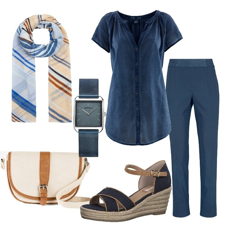 Outfit donna - Comoda in blu. Stile Casual per Tutti i giorni. Abbinamento con camicie a manica corta, pantaloni capri, borse a tracolla, sandali, orologi analogici, sciarpe.