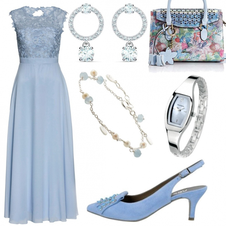 Outfit donna - Testimone di nozze. Stile Chic per Cerimonia. Abbinamento con vestiti lunghi, décolleté, borse a mano, orologi, orecchini, braccialetti.