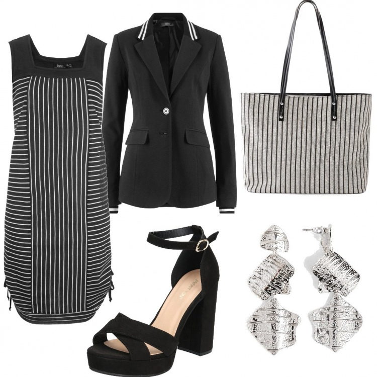 Outfit donna - A righe dietro la scrivania. Stile Glamour per Ufficio. Abbinamento con blazer, vestiti, orecchini, shopping bag, décolleté.