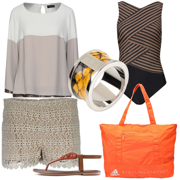 Outfit donna - Di giorno piscina di sera felpina. Stile Trendy per Mare. Abbinamento con costumi interi, borse a spalla, anelli, bluse, pantaloni, infradito.