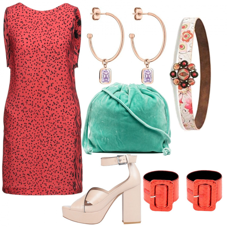 Outfit donna - Rosso giocoso. Stile Trendy per Tutti i giorni. Abbinamento con vestiti midi/longuette, braccialetti, sandali in pelle, borse a secchiello, orecchini, cinture.