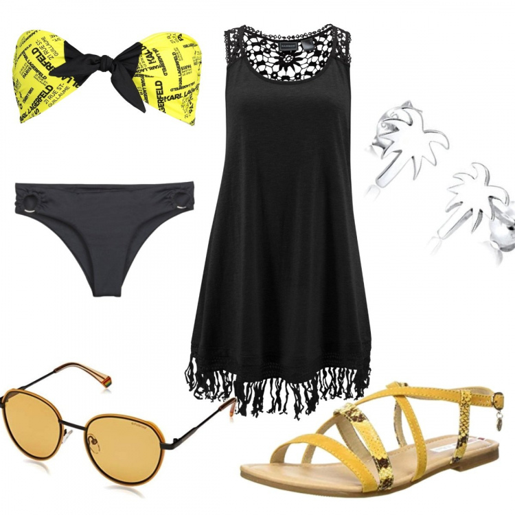Outfit donna - Total look #1124815. Stile Casual chic per Mare. Abbinamento con vestiti da spiaggia, anelli, costumi, sandali alla schiava, orecchini, occhiali da sole.