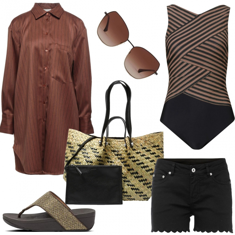 Outfit donna - Il camicione in spiaggia. Stile Casual per Mare. Abbinamento con costumi interi, shorts, camicie, infradito, shopping bag, occhiali da sole.