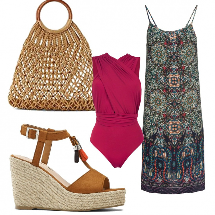 Outfit donna - A mare a settembre. Stile Boho per Mare. Abbinamento con vestiti, sandali, costumi, borse a mano.