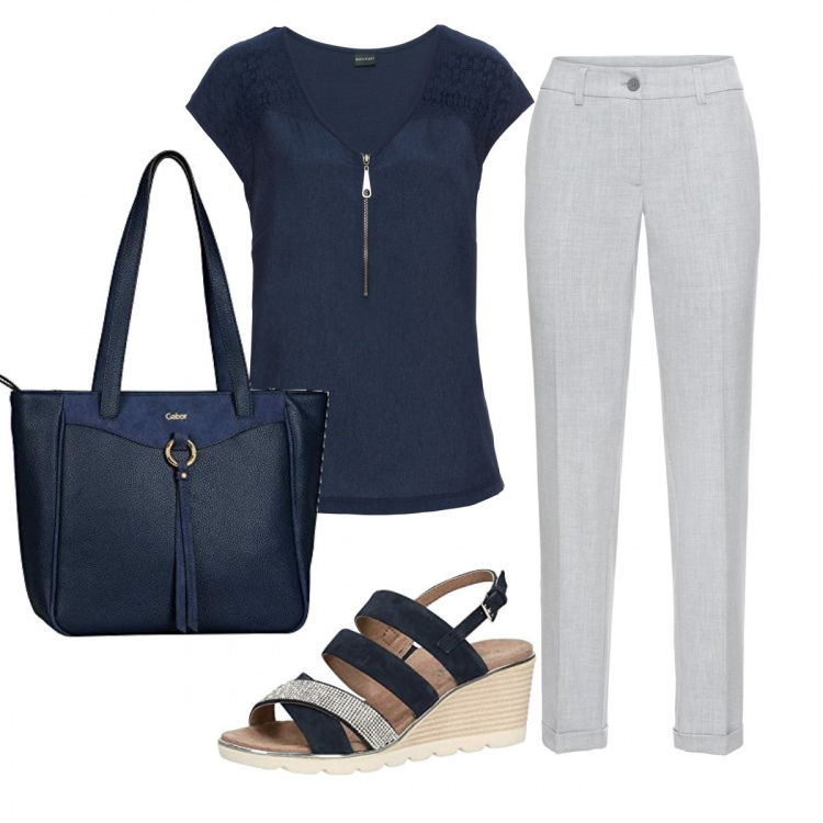 Outfit donna - Basic #28790. Stile Basic per Ufficio. Abbinamento con t-shirt, pantaloni, sandali col tacco, shopping bag.