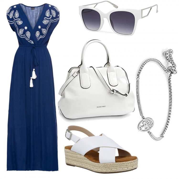 Outfit donna - Domenica. Stile Boho per Tutti i giorni. Abbinamento con vestiti lunghi, sandali, borse a mano, occhiali da sole, braccialetti.