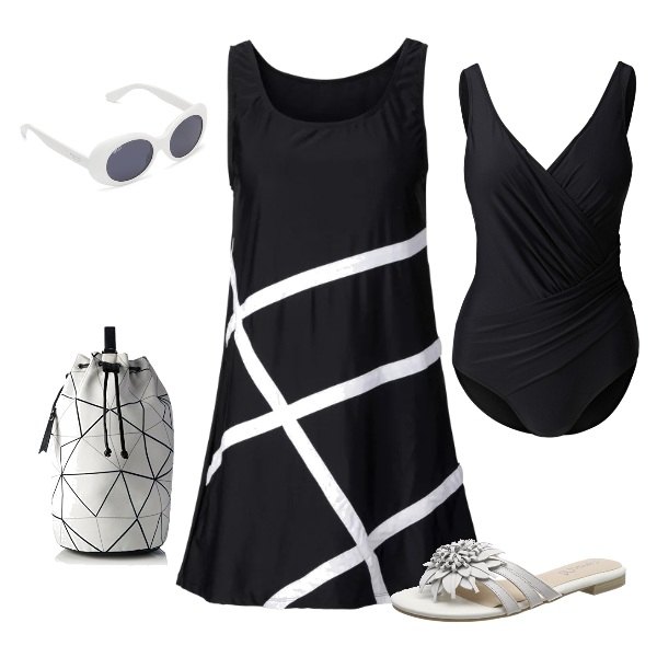 Outfit donna - diva on the beach. Stile Basic per Mare. Abbinamento con costumi interi, vestiti da spiaggia, occhiali da sole, borsa a mano multicolore, ciabatte bianco.