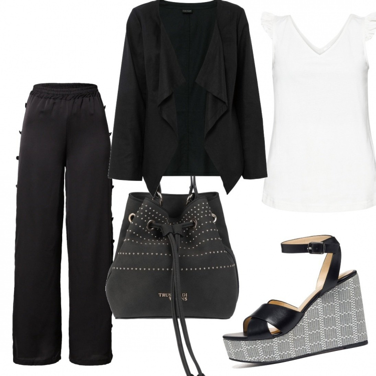 Outfit donna - Particolare in ufficio. Stile Casual chic per Ufficio. Abbinamento con top, blazer, borse a mano, zeppe, pantaloni.