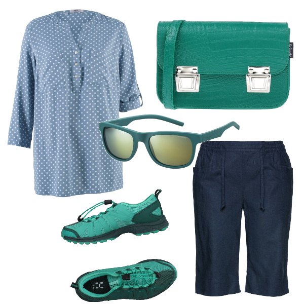 Outfit donna - Easy. per Tutti i giorni. Abbinamento con bermuda, blusa fantasia, sneakers tennis, borsa a mano cartella con stampa e fibbia interno foderato tinta unita, occhiali da sole.