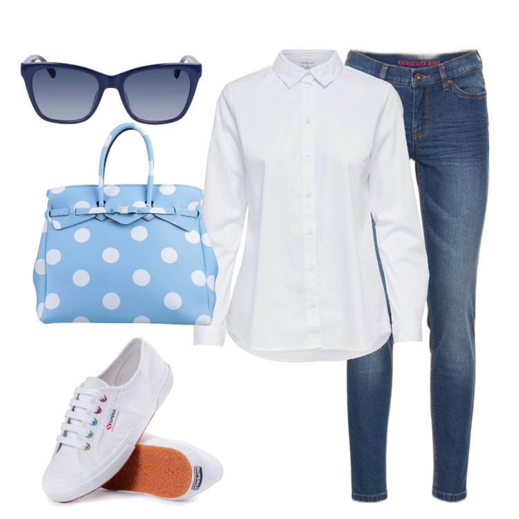 Outfit donna - Casual con stile. Stile Casual per Tutti i giorni. Abbinamento con jeans skinny, borse a mano, sneakers, camicie, occhiali da sole.