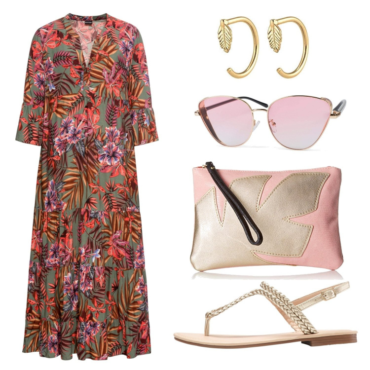 Outfit donna - Agosto Mare o Città!. Stile Casual chic per Tutti i giorni. Abbinamento con vestiti lunghi, ciabatte, pochette, occhiali da sole, orecchini.