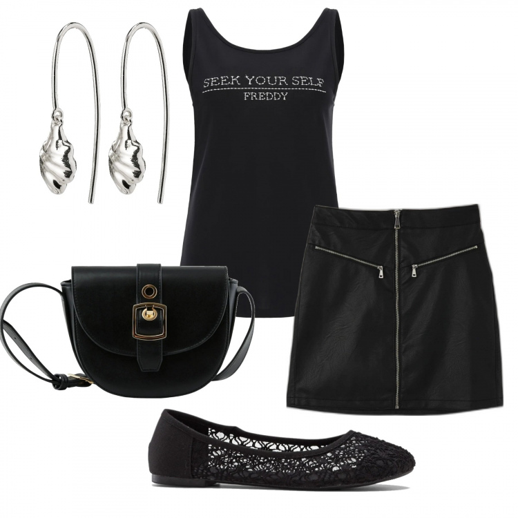 Outfit donna - Minigonna effetto pelle. Stile Minimal per Tutti i giorni. Abbinamento con ballerine, minigonne, canottiere, orecchini, borse a tracolla.