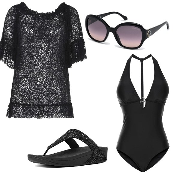 Outfit donna - Cn2. Stile Chic per Mare. Abbinamento con costumi interi, copricostume traforato jersey, occhiali da sole, infradito nero.