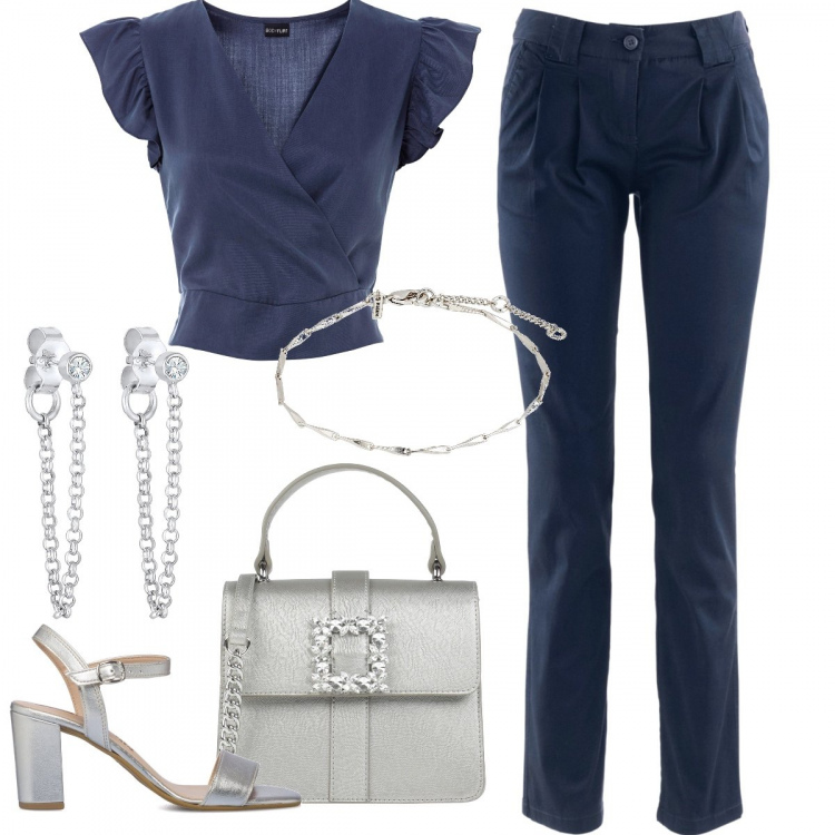 Outfit donna - Eleganza basica. Stile Casual chic per Serata fuori. Abbinamento con pantaloni chino, bluse, borse a mano, sandali in pelle, orecchini, braccialetti.