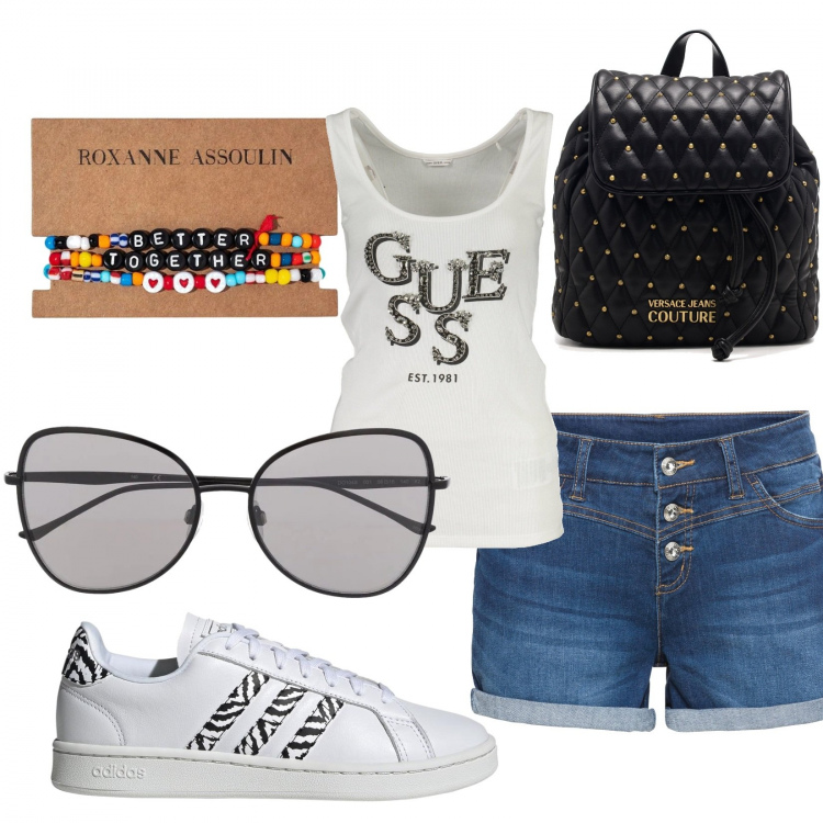 Outfit donna - Urban #13372. Stile Urban per Tutti i giorni. Abbinamento con shorts, zaini, braccialetti, occhiali da sole, sneakers, canottiere.