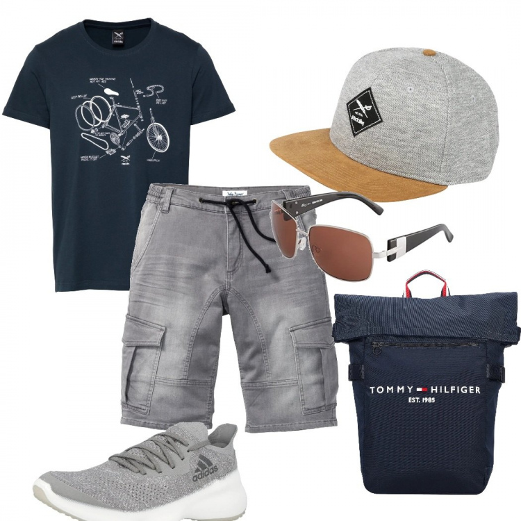 Outfit uomo - Ti vengo a prendere perché non ho scelta. Stile Casual per Tutti i giorni. Abbinamento con bermuda, scarpe sportive, occhiali da sole, borse sportive, cappelli con visiera, t-shirt.