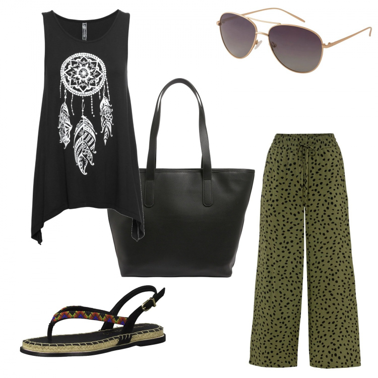 Outfit donna - Estate rock alternative. Stile Etnico per Tutti i giorni. Abbinamento con top, pantaloni culotte, infradito, occhiali da sole, shopping bag.