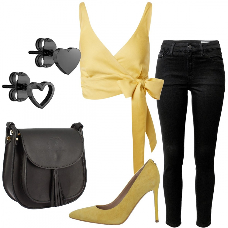 Outfit donna - Glamour #2654. Stile Glamour per Serata fuori. Abbinamento con décolleté, borse a tracolla, top, orecchini, jeans.