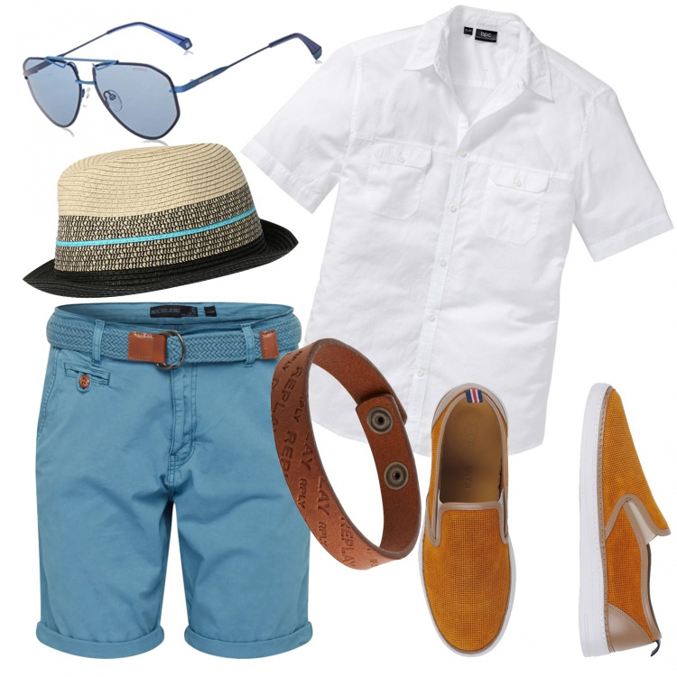 Outfit uomo - Trendy look. Stile Trendy per Tutti i giorni. Abbinamento con camicie a manica corta, sneakers, occhiali da sole, braccialetti, pantaloni, cappelli.