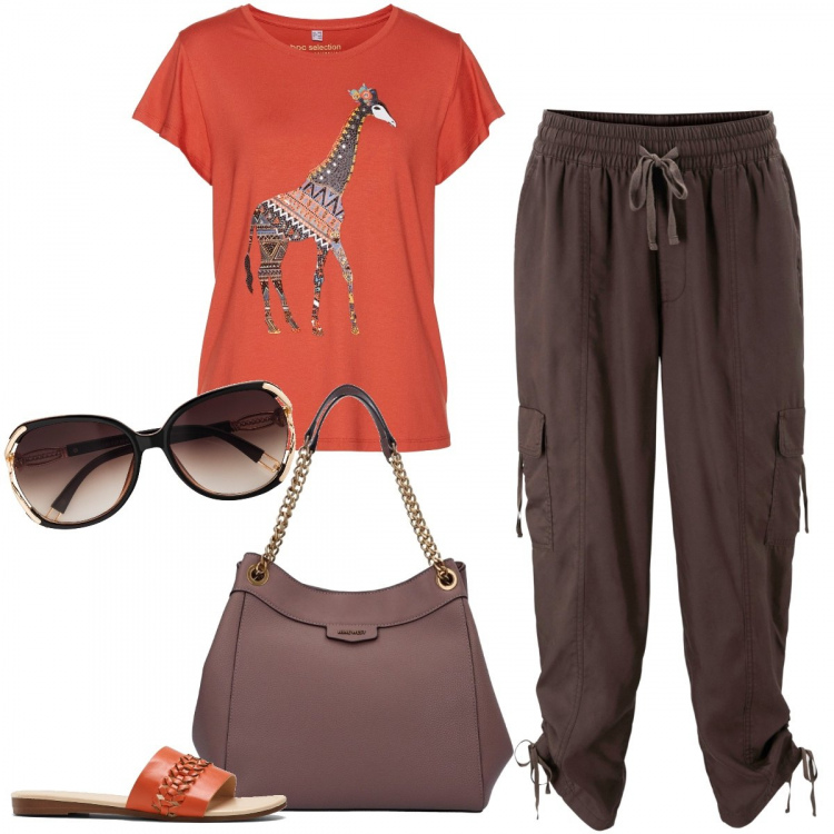 Outfit donna - Estate in città. Stile Casual per Tutti i giorni. Abbinamento con gonne longuette, occhiali da sole, t-shirt, ciabatte, borse a spalla.