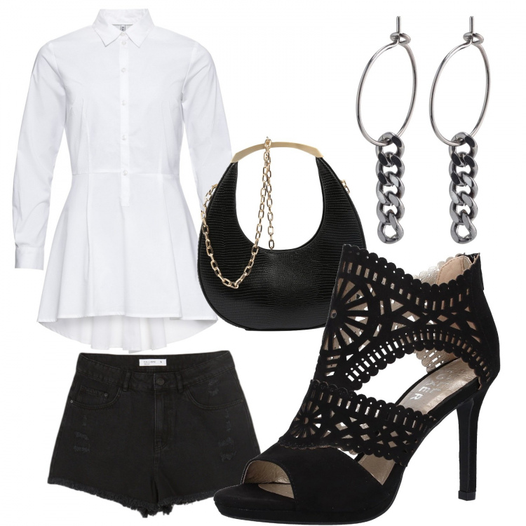 Outfit donna - Sensualità rock. Stile Rock per Serata fuori. Abbinamento con camicie, shorts, sandali col tacco, orecchini, borse a mano.