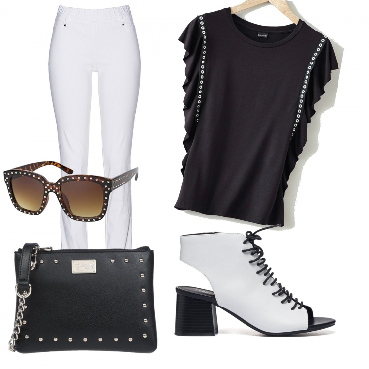 Outfit donna - Borchie black and white. Stile Rock per Tutti i giorni. Abbinamento con pantaloni, maglieria, borse a tracolla, sandali in pelle, occhiali da sole.