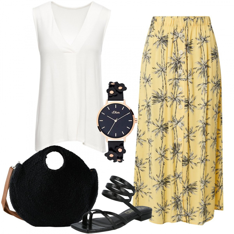 Outfit donna - Accessori neri in estate. Stile Basic per Tutti i giorni. Abbinamento con top, gonne, sandali, shopping bag, orologi analogici.