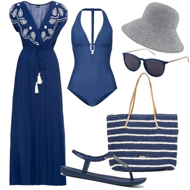 Outfit donna - Total look. Stile Casual per Mare. Abbinamento con vestiti lunghi, costumi interi, infradito, shopping bag, occhiali da sole, cappelli.