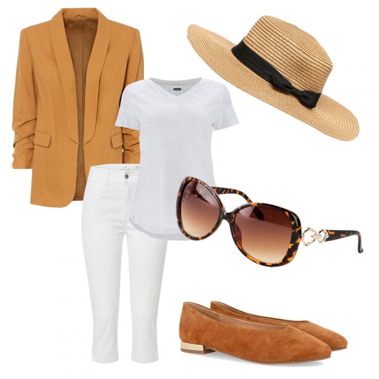 Outfit donna - Home summer. Stile Boho Abbinamento con giacche, occhiali da sole, t-shirt, jeans, cappelli, ballerine.