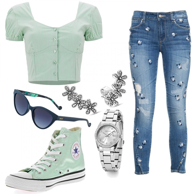 Outfit donna - Casual. Stile Casual per Tutti i giorni. Abbinamento con jeans strappati, top, sneakers, orecchini, orologi analogici, occhiali da sole.