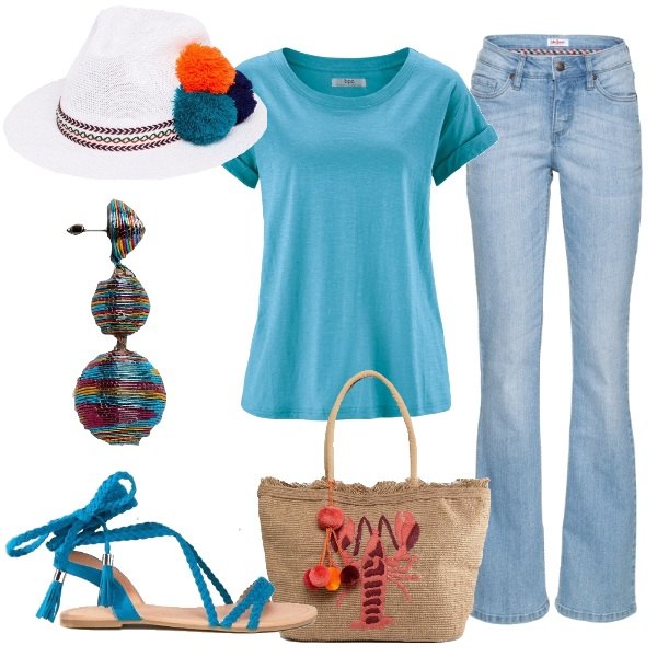 Outfit donna - Cappello e pon pon. Stile Basic per Tutti i giorni. Abbinamento con jeans bootcut, maglia a maniche corte blu, orecchini pendenti farfalla multicolore, sandali con nodi e laccetti in denim suola piatta, portamonete con ricamo e zip con tasca interna, cappello in paglia bianco.