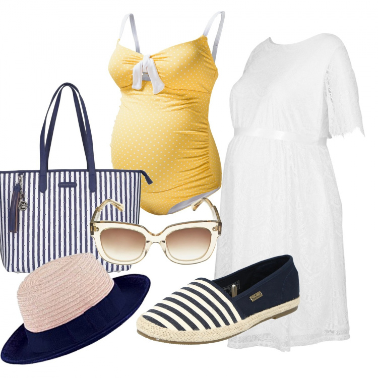 Outfit donna - Dolce attesa. Stile Sporty chic per Mare. look ideale per Premaman. Abbinamento con vestiti, shopping bag, costumi interi, espadrillas, occhiali da sole, cappelli.