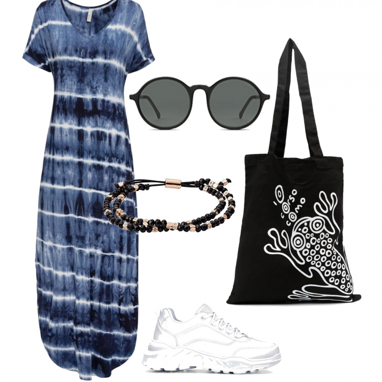 Outfit donna - Outfit da città. Stile Trendy per Tutti i giorni. Abbinamento con vestiti lunghi, sneakers, borse tote, braccialetti, occhiali da sole.