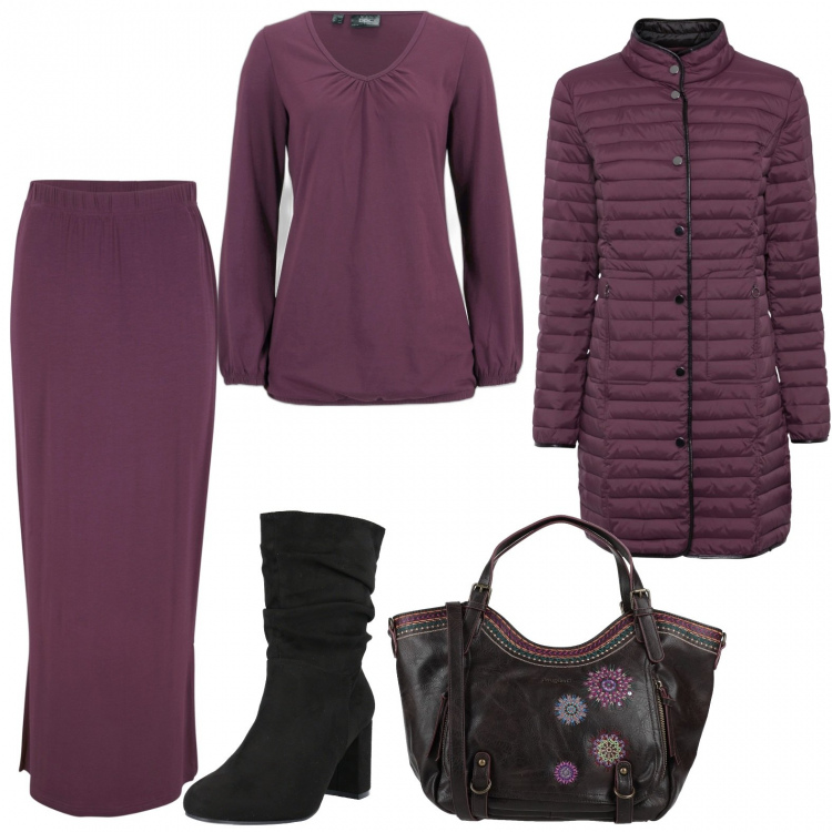 Outfit donna - Provviste per l\'autunno. Stile Casual chic per Ufficio. Abbinamento con maglieria, giacche, gonne lunghe, borse a mano, stivaletti.
