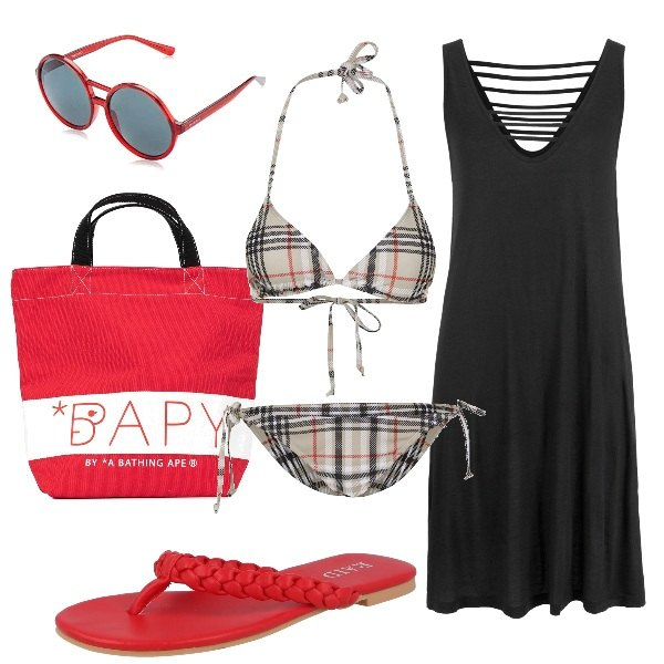 Outfit donna - Il bikini scozzese. Stile Urban per Mare. Abbinamento con vestiti da spiaggia, borse tote, bikini, infradito, occhiali da sole.