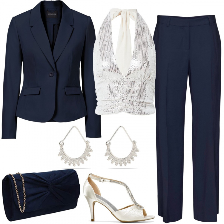 Outfit donna - Serata in balera. Stile Glamour per Serata fuori. Abbinamento con blazer, pantaloni, sandali gioiello, top, pochette, orecchini.