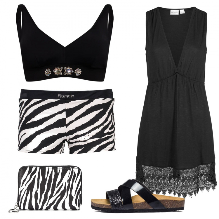 Outfit donna - Pantaloncini e portafoglio abbinati. Stile Trendy per Mare. Abbinamento con vestiti da spiaggia, portafogli, infradito, costumi, bikini.